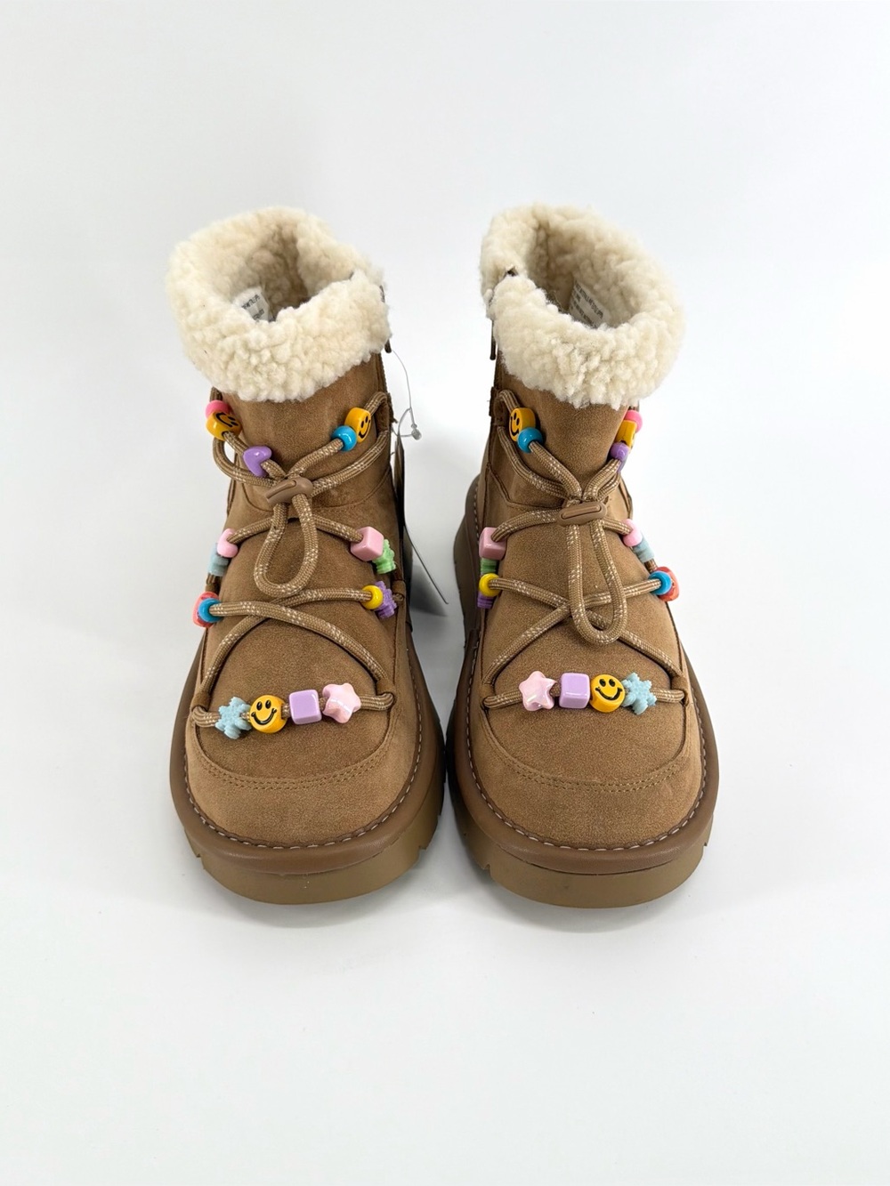 Girls Art Class Brown Faux-Sherpa Winter Boots with Colorful Bead Accents